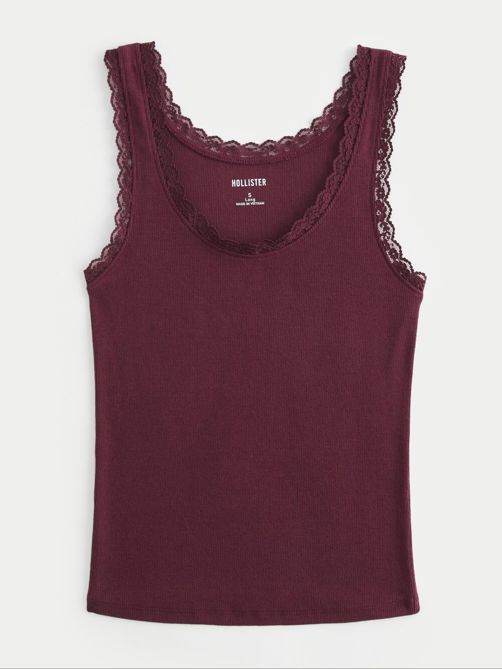 Hollister Cotton Blend Ribbed Lace-Trim Scoop Cami in Deep Burgundy, LARGE